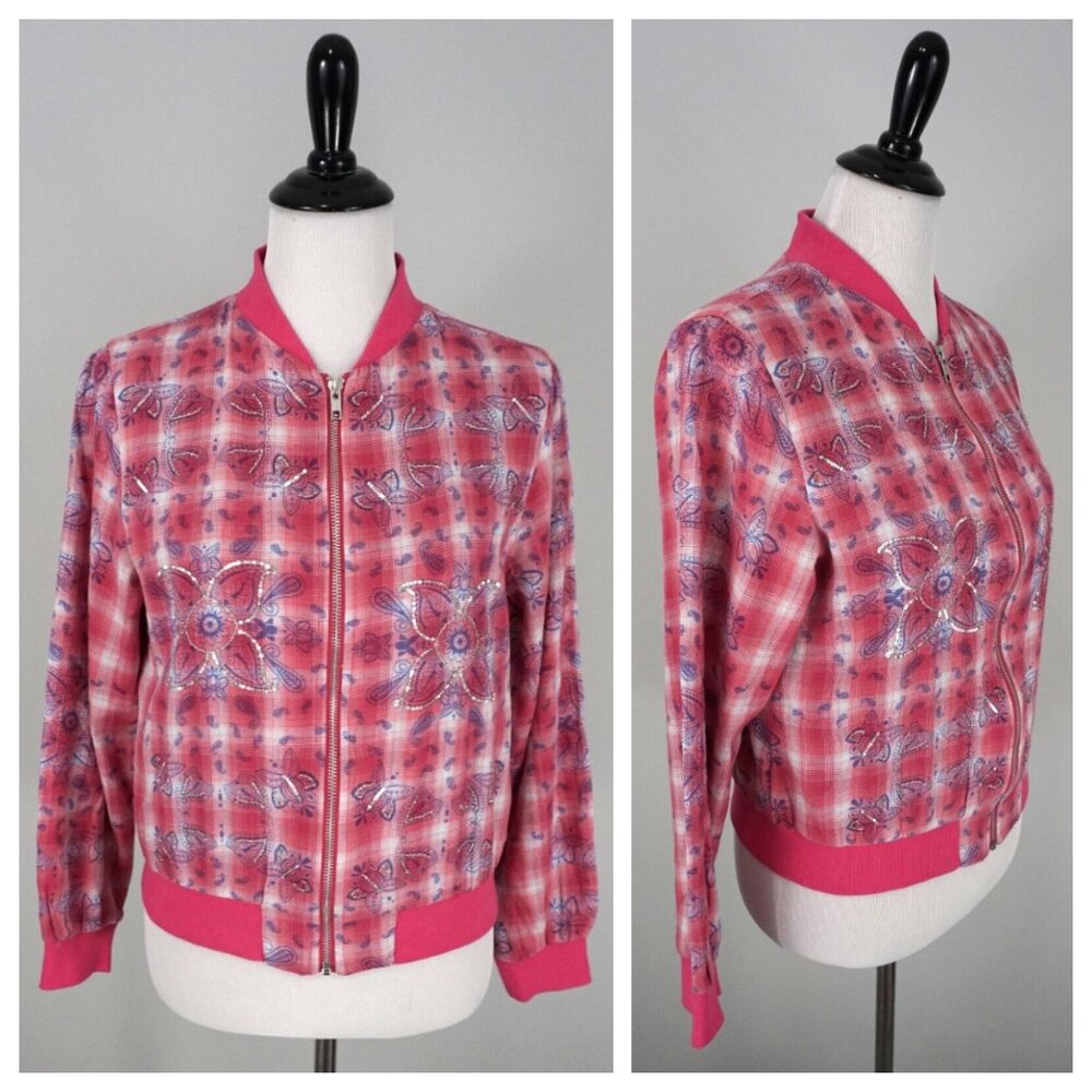 Lee Cooper Originals British Denim Pink Zip Up Sequin Floral Coat Jacket Size M